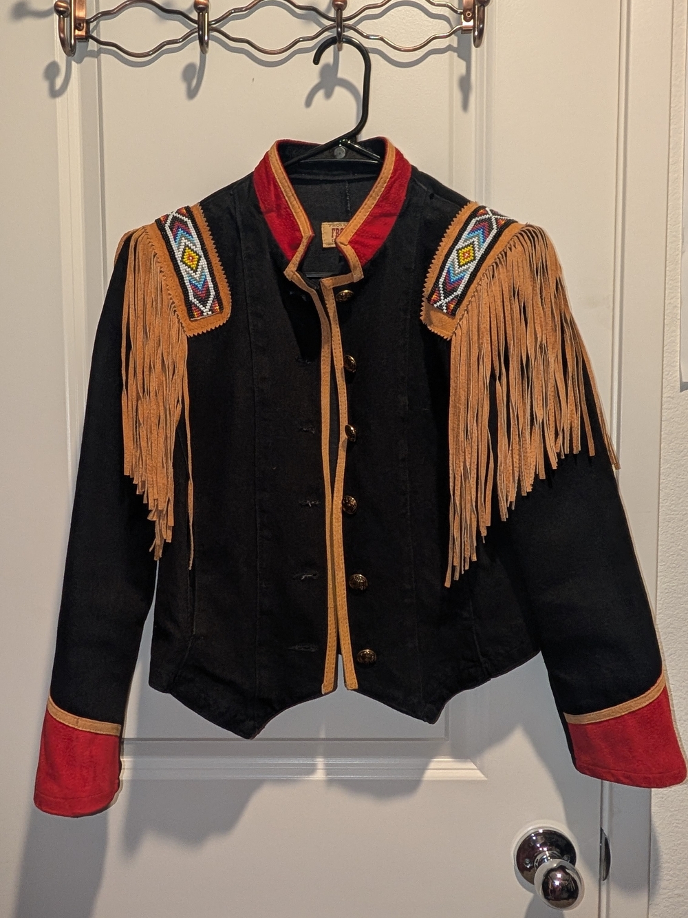 Phoenix USA Frontier Collection Black Red Denim Jacket With Suede And Beads